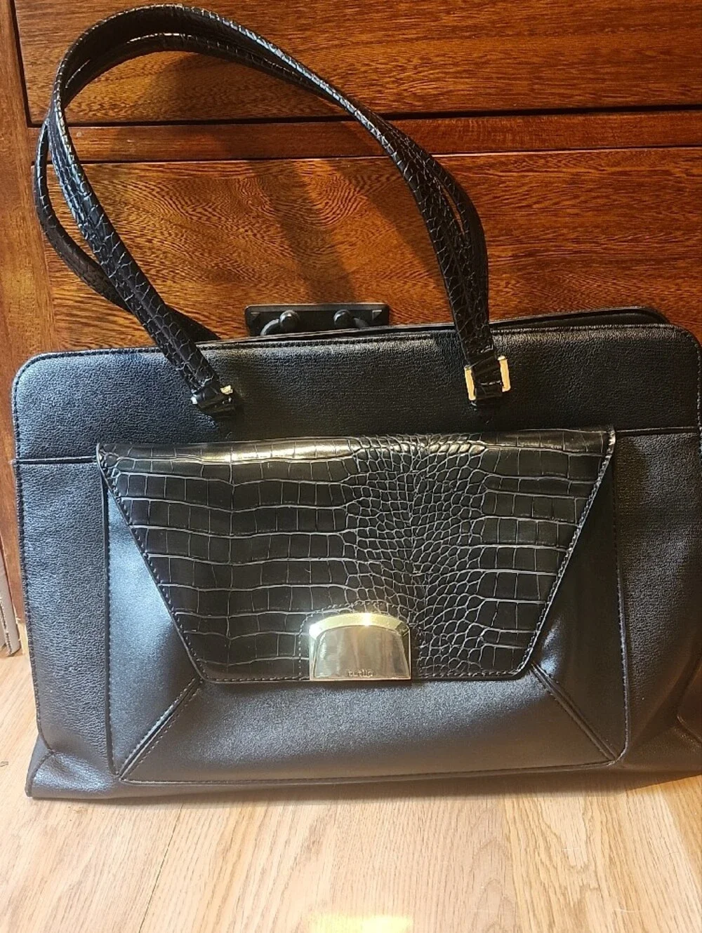 Black Structured Tablet Tote Bag with Croc-Texture Flap